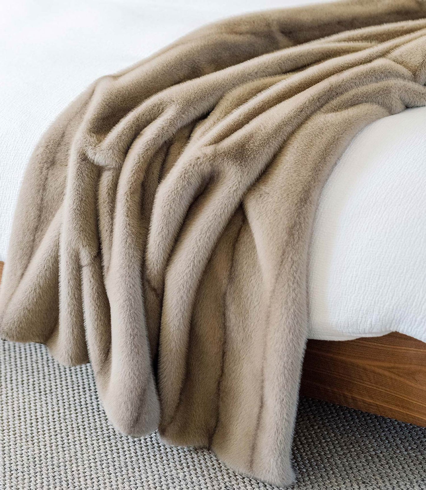 Mila faux fur blanket on side of bed, Vintage Mink