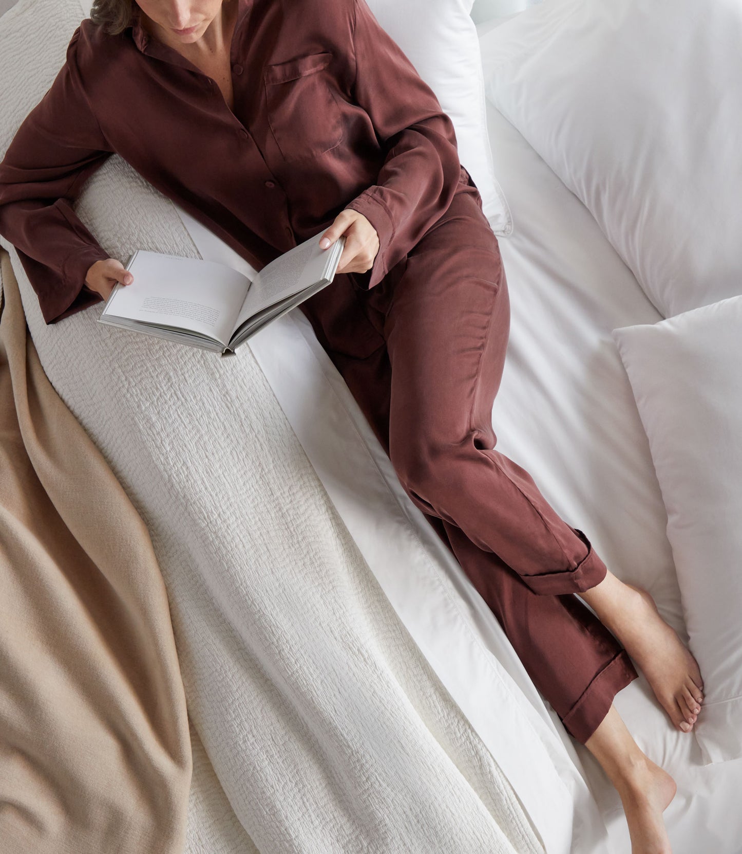 woman reading on bed with Mia Coverlet, White