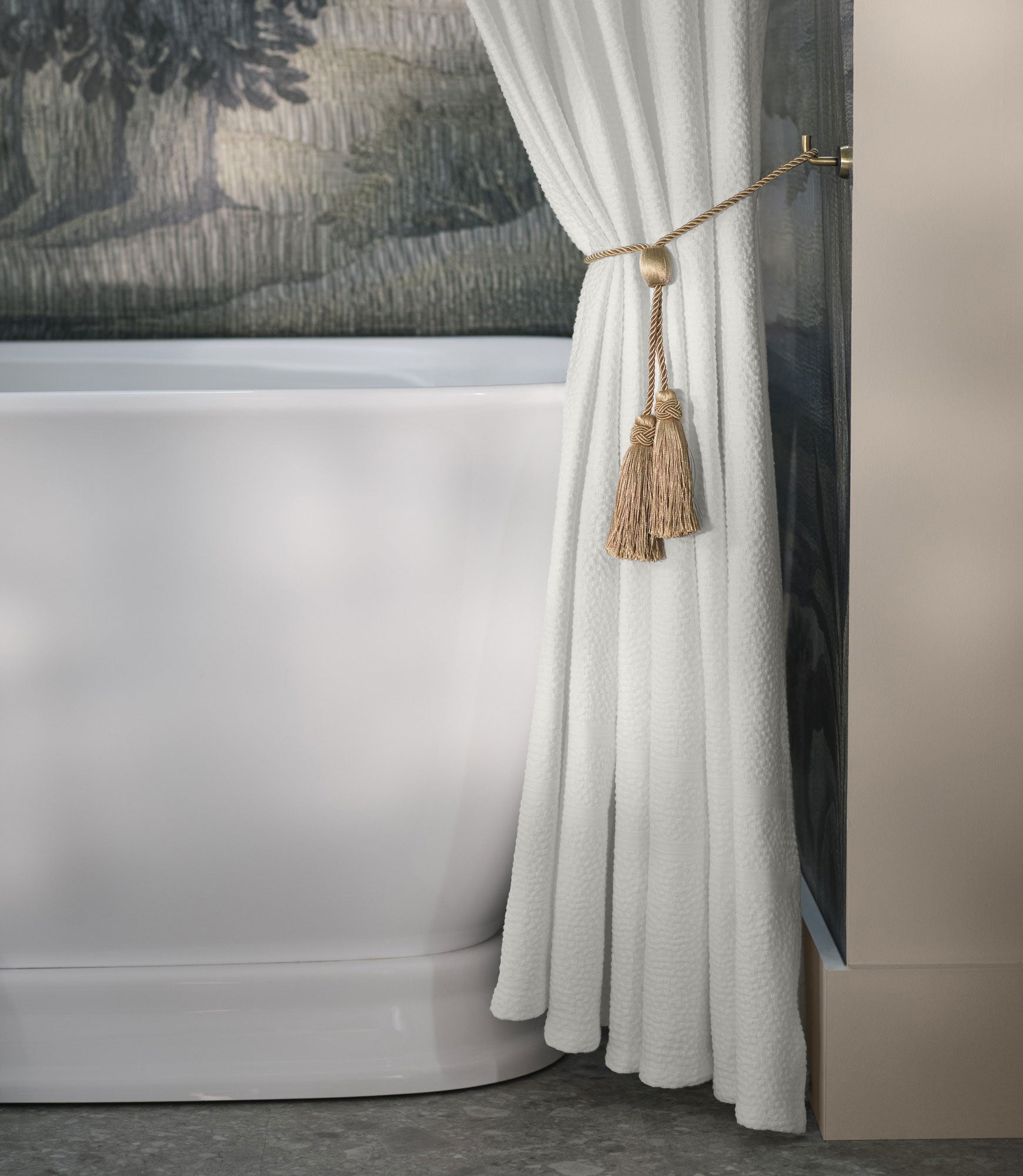 Montauk shower curtain tied back with gold tassel, White