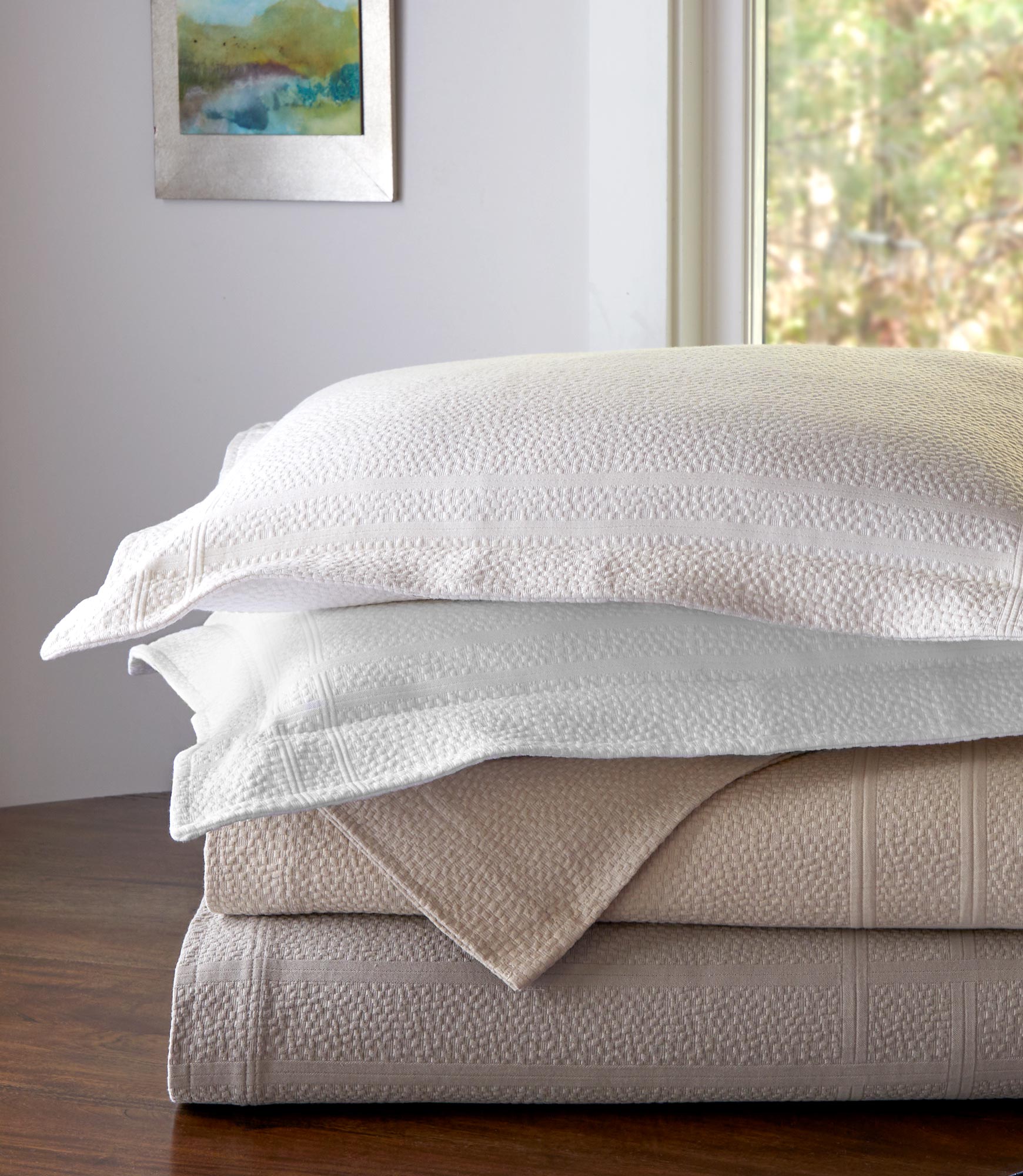 montauk textured coverlets folded and stacked, White Pearl Linen Platinum