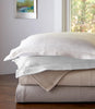 Montauk shams and coverlets stacked on table, White Pearl Linen Platinum