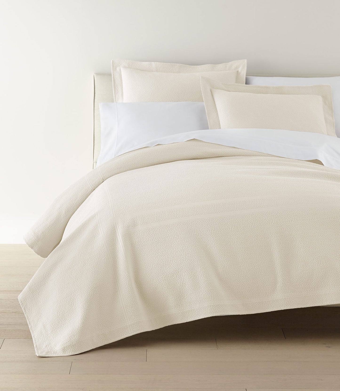 Montauk coverlet on bed, Pearl