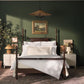 Montauk duvet cover on wooden bed in olive green bedroom, White