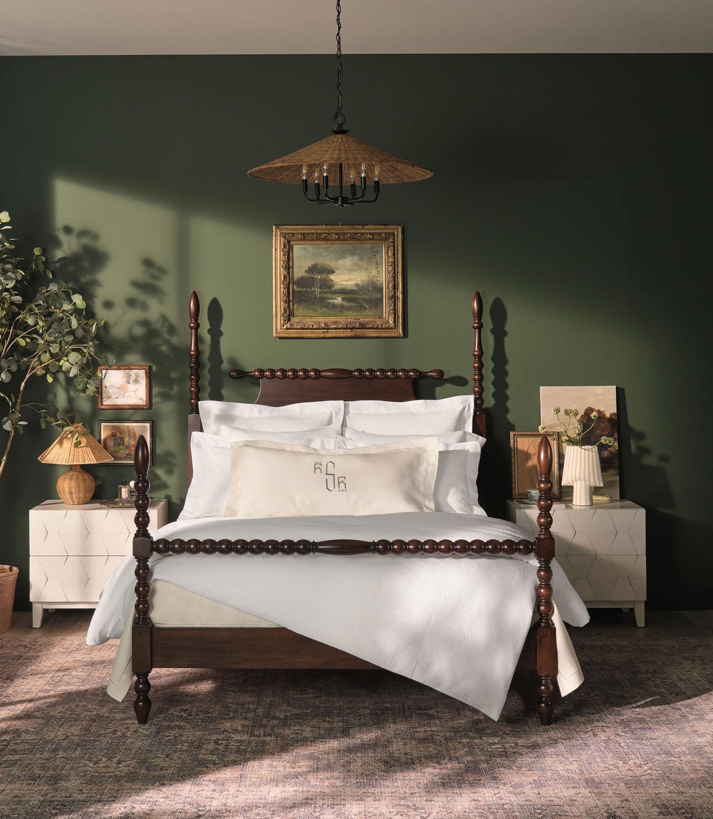 Montauk duvet cover on wooden bed in olive green bedroom, White