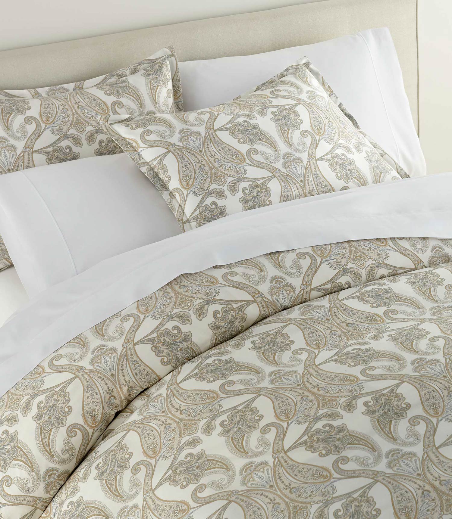 classic printed duvet on bed with shams, Paisley Pearl