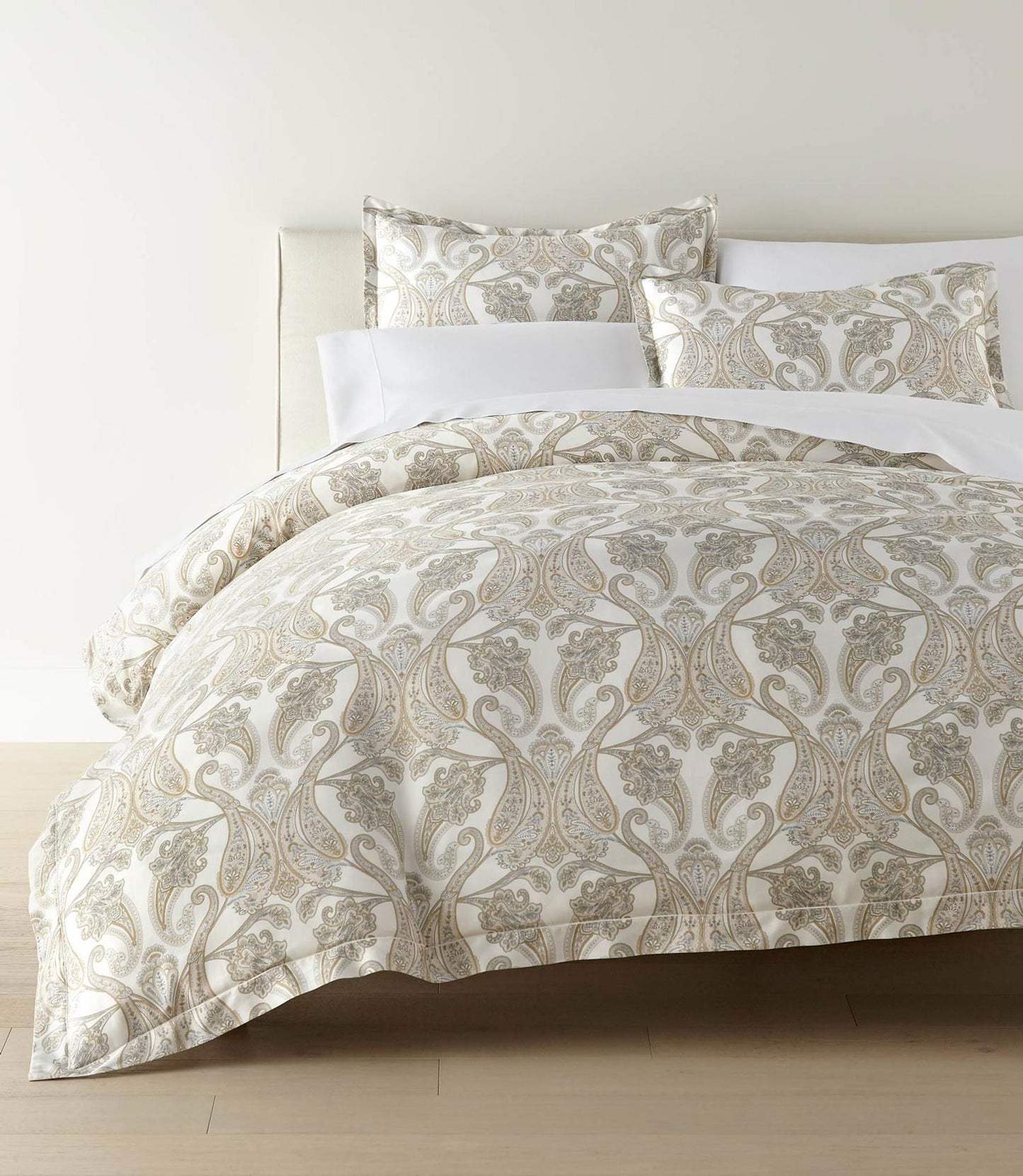 classic printed duvet on bed with shams, Paisley Pearl