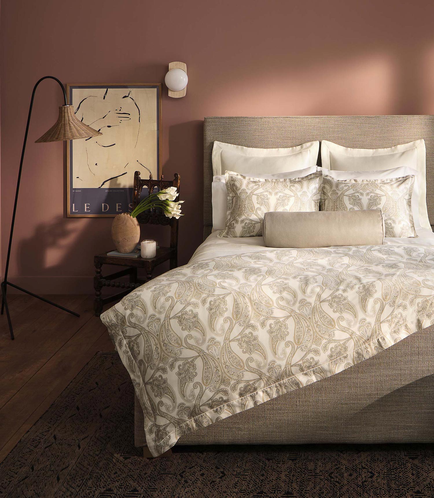 printed duvet and shams on bed in mauve room, Paisley Pearl